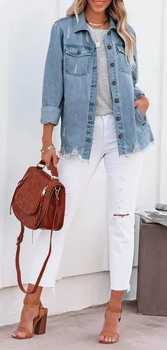 Vista 5 de Angerella Chaqueta de mezclilla para mujer, casual, manga larga, estilo novio, desgastada, con botones