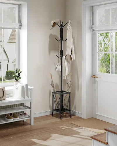 Vista 2 de CHOEZON Perchero independiente, perchero con soporte para paraguas, soporte de entrada con 12 ganchos, árbol de pasillo de metal para bolsos