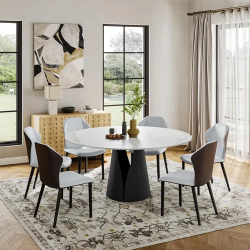 Vista 8 de POVISON Juego de mesa de comedor para 4, mesa redonda de comedor con 4 sillas, mesa superior de piedra sinterizada blanca con base de acero al