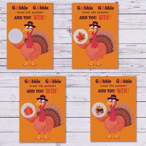 Vista 6 de 35 tarjetas de juego para raspar el día de Acción de Gracias, Turquía, otoño, festival, actividades de celebración, 5 ganadores, tarjetas de juego