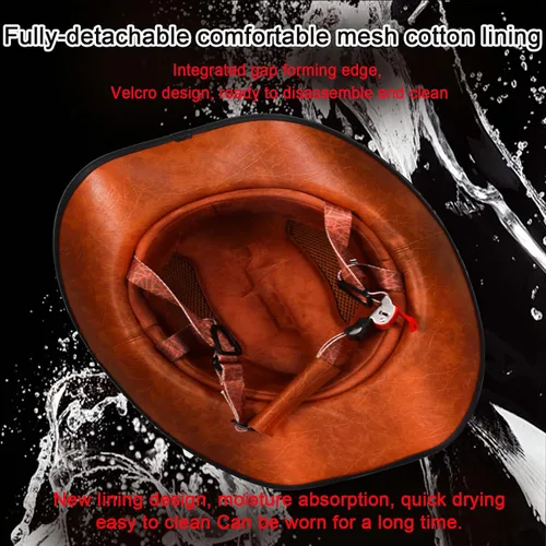 Vista 3 de Medio casco retro con cara abierta, estilo sombrero de vaquero, aprobado por DOT, hebilla y forro de liberación rápida para adultos