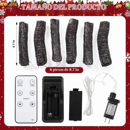Vista 2 de 6 piezas de 22 cm de luz de tronco de chimenea sin llama con control remoto, madera falsa de Navidad para chimenea LED artificial Tronco de fuego