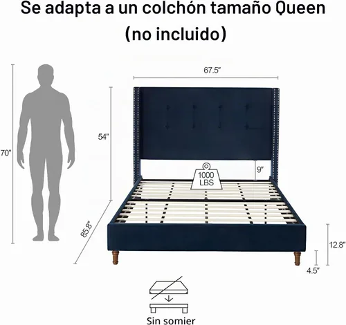 Vista 2 de Marco de Cama Tapizado, Cabecero Alto de 54", Marco de Cama Plataforma Tapizado Wingback para Dormitorios de Niños Adolescentes y Adultos Soporte