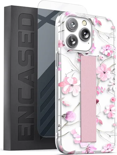 Vista 11 de ENCASED Funda para iPhone 14 PRO con correa de mano y protector de pantalla (anillo de mármol dorado)