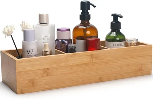 Vista 3 de Cesta de baño de bambú, cesta de madera para tanque de inodoro, caja de almacenamiento de madera con 3 compartimentos para organizador de baño