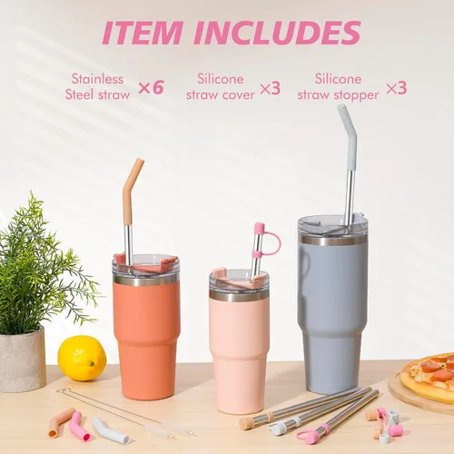 Vista 8 de Jetstop Pajitas de acero inoxidable con tapas que se ajustan a vasos Stanley de 14oz y 20oz, Pajita reutilizable de 8.6 pulgadas con puntas