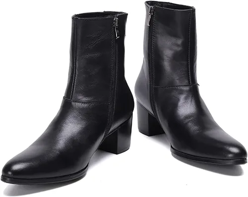 Vista 4 de Santimon Botas de vestir para hombre, estilo casual, de cuero auténtico, botas Chelsea de moda, botas vaqueras occidentales, para baile de Negro