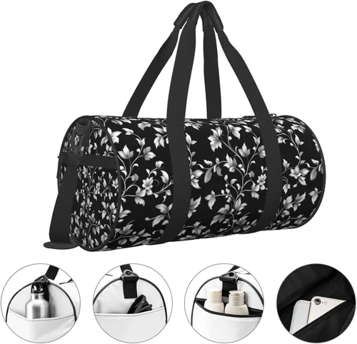Vista 3 de Large Duffle Bag for Travel - Retro White Leaves Print Gym Bag for Women Men, Travel Foldable Bags for Women Men with Zippered Multiple Pockets