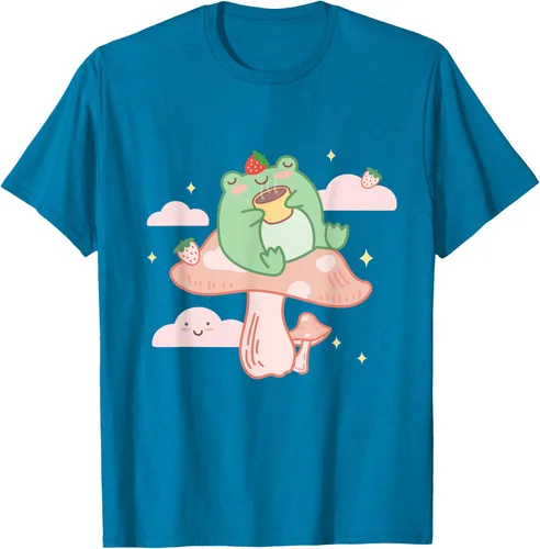 Vista 8 de Kawaii Strawberry Frog On Mushroom - Camiseta de manga corta de anime, Azul / Patchwork, S Azul Pastel