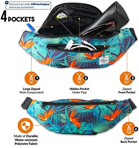 Vista 2 de Riñonera Vibe Festival Gear para hombre y mujer, muchos estampados, negro holográfico, plateado, dorado, bonita riñonera para festival rave