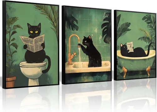 Vista 20 de Arte de pared de baño de gato, lienzo divertido para decoración de pared, imágenes de gato negro, impresiones lindas divertidas para baño, póster