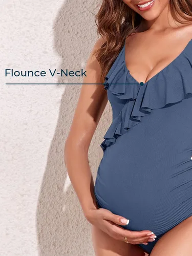 Vista 4 de Summer MaeMaternityRibbedOnePieceSwimsuitRuffleFlounceBathingSuitV-NeckPregnancySwimwear