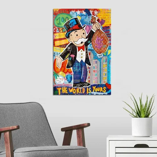 Vista 7 de Monopolys Graffiti Money The World Is Yours - Póster de arte en lienzo y arte de pared, póster moderno para decoración de dormitorio familiar, 16 x