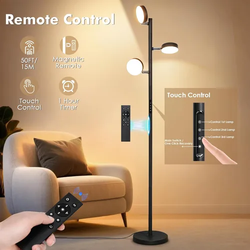Vista 2 de Lámpara de pie de árbol Benaep para sala de estar - Moderna lámpara de pie negra, luz de suelo LED con control remoto y táctil, 3000K-6000K