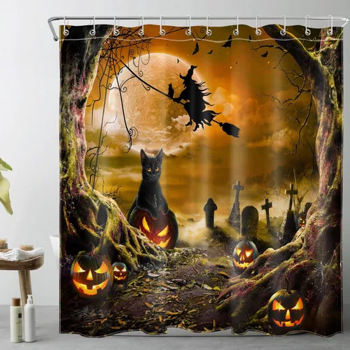 Vista 37 de LB Cortina de ducha espeluznante de Halloween, árbol muerto espeluznante con tela de araña de murciélago, cortina de ducha de baño con temática