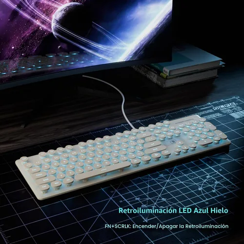 Vista 4 de surmen Bonito teclado silencioso con cable retro con cable, teclados suaves de tamaño completo con bloc de números, teclas redondas, USB Beige