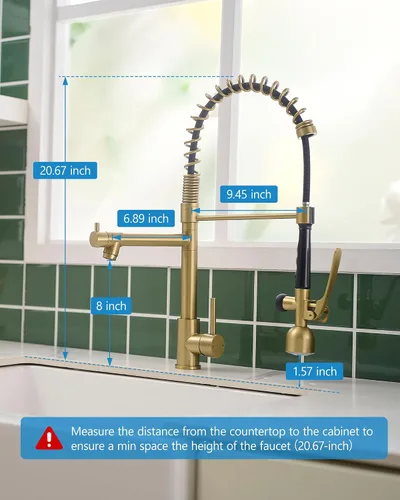 Vista 6 de Fapully Grifo de cocina de una sola manija con arco alto, dorado cepillado, extraíble con LED, grifos de fregadero de cocina de una sola palanca