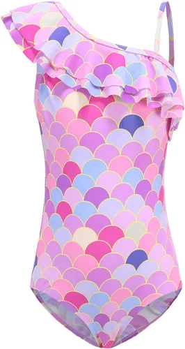 Vista 28 de Trajes de baño de una pieza para niñas, traje de baño con volantes de un hombro Bandera estadounidense 06