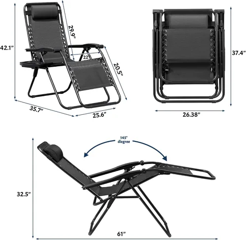 Vista 3 de Greesum Sillas Zero Gravity - Juego de 2 sillones reclinables ajustables de malla de acero para playa, terraza, césped, camping, patio, silla Negro