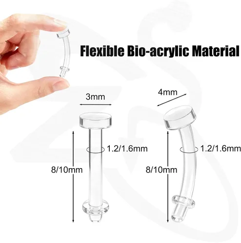 Vista 6 de ZS 4 pares de piercings de cejas transparentes de 16G y 14G, retenedores de plástico para el vientre y labios, aretes de acrílico Bioflex Daith Rook