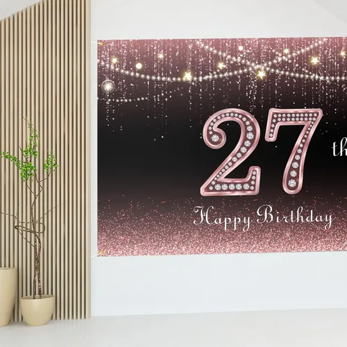 Vista 7 de HAMIGAR Fondo de pancarta de feliz cumpleaños 27 de 6 x 4 pies, decoraciones de cumpleaños de 27 años, suministros de fiesta para mujeres, oro rosa