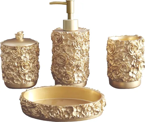 Vista 9 de Hymmah Juego de accesorios de baño negro, juego de baño de diseño único, juego de regalo de resina de 5 piezas, necesidades de apartamento, contiene