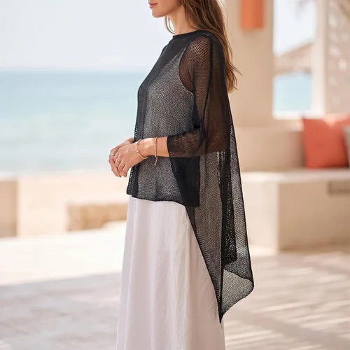 Vista 6 de Poncho de malla, poncho de punto ligero negro transparente