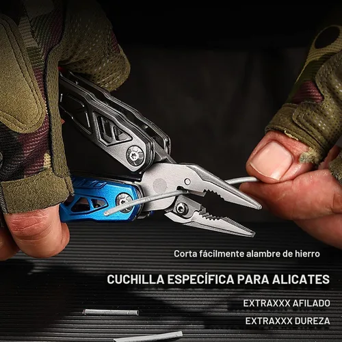 Vista 5 de Herramienta multifuncional 17 en 1 para exteriores con martillo, alicates, llaves, cuchillo utilitario, sierra, abridor de botellas, Azul