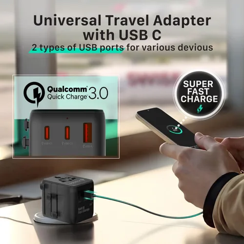 Vista 2 de Fosmon Adaptador de viaje universal PD&QC, 2AC/4USB-C/1USB-A