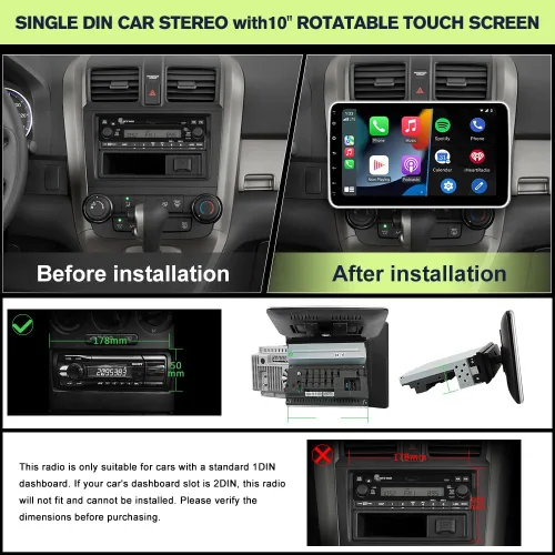 Vista 2 de Estéreo de coche DIN universal Android 13 2GB+32GB 10 pulgadas pantalla táctil giratoria con CarPlay/AndroidAuto/Mirror Link