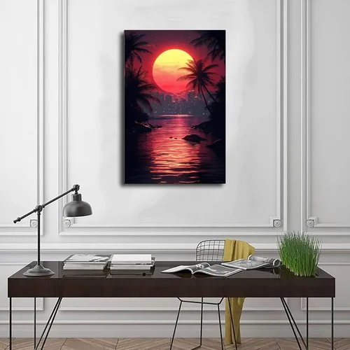 Vista 3 de ZMLIS Futuristic Vaporwave Retro Wall Art – Neon Grid Palm Trees City – Synthwave Style 80s Digital Print Canvas Wall Art Print Poster For Home