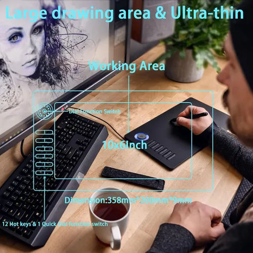 Vista 4 de VEIKK A15 Pro Graphics Drawing Pen Tablet - Tabletas digitales de gran área activa con bolígrafo pasivo, almohadilla de dibujo con 12 teclas de Azul