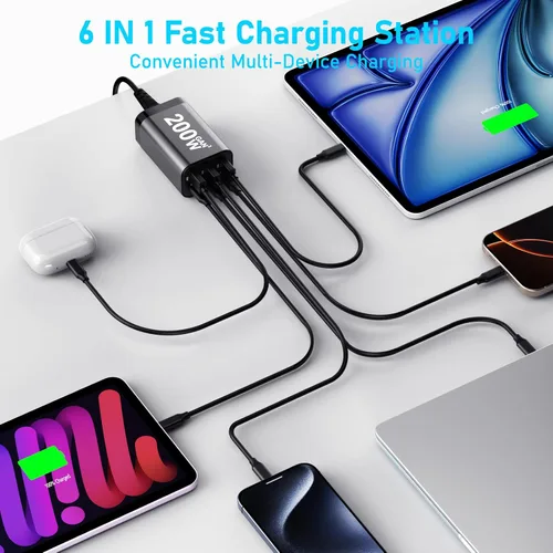 Vista 6 de Bloque de cargador USB C de 200 W, multipuerto, estación de carga rápida, concentrador GaN PPS PD de 100 W, cargador de pared, adaptador
