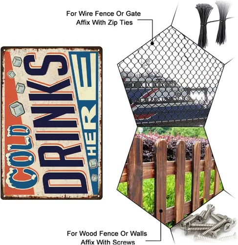 Vista 4 de SUPERDANT Letreros de metal con texto en inglés "Cold Drinks Here", póster de metal con texto en inglés "Drink Shop", divertido cartel de comida