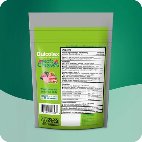 Vista 4 de Dulcolax Soft Chews - Laxante salino mixto de bayas (30 unidades) 1200 mg + laxante líquido Dulcolax sin estimulantes, cereza, 12 onzas