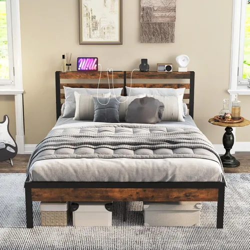 Vista 8 de Giantex Base de cama de metal con estación de carga, plataforma industrial con cabecera de almacenamiento, base de colchón resistente, fácil