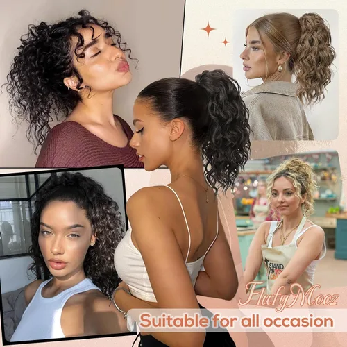 Vista 6 de Flufymooz Extensión de cola de caballo, extensión de cola de caballo corta de 12 pulgadas con pinza de garra, cabello ondulado rizado, clip