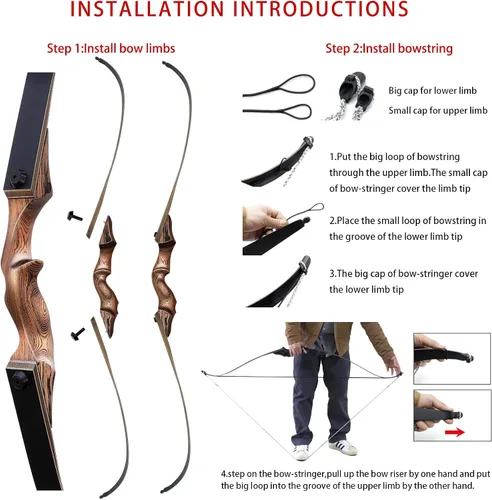 Vista 6 de Arco recurvo Black Hunter Takedown de 60 pulgadas, 20 a 60 libras, elevador de madera para mano derecha, arco de práctica recurvo con flechas
