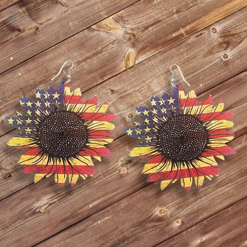 Vista 3 de Aretes colgantes con diseño de margarita de girasol amarillo y margarita con diseño de bandera estadounidense, aretes colgantes de madera