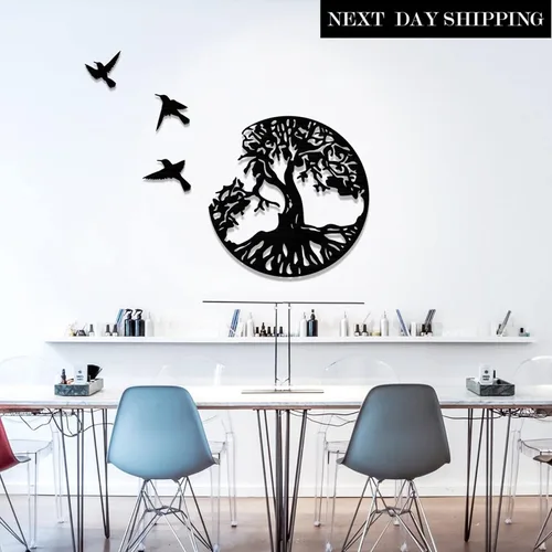 Vista 6 de BUNJOOL Letreros de metal moderno para pared, árbol de la vida, guirnaldas, colibríes, colgantes de metal modernos, obras de arte decorativas