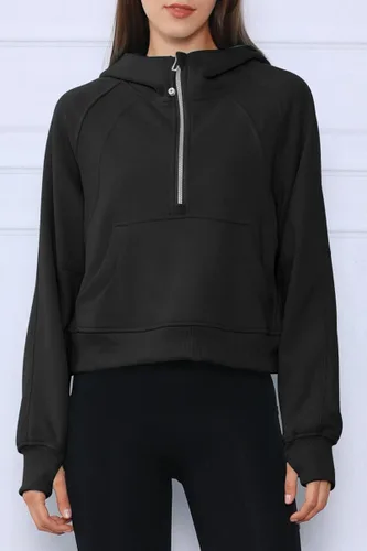 Vista 2 de Trendy Queen Sudadera corta con capucha de media cremallera para mujer, sudadera con cremallera de un cuarto, ropa de invierno 2022