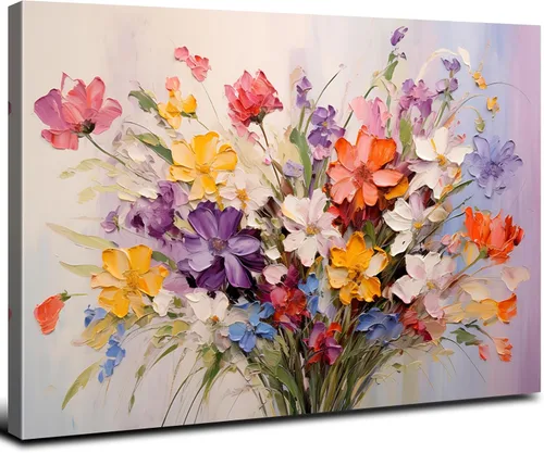Vista 7 de Arte de pared de flores coloridas, pintura de flores silvestres, color verde azulado, rojo, naranja, textura abstracta, cuadro botánico, impresiones