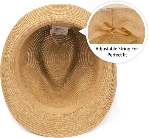 Vista 2 de Zylioo Sombreros de paja XXL de gran tamaño, sombreros Panamá de ala corta grande y alta, sombrero de trilby cubano de verano enrollable