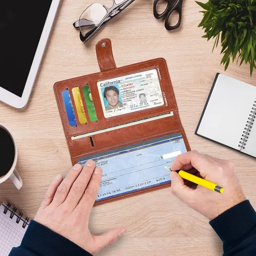 Vista 6 de Fundas negras para chequera - Registros de cuero RFID para chequera personal, carteras para mujeres y hombres con funda para chequera (negro)