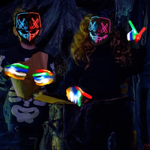 Vista 3 de Máscara de purga LED de Halloween y guantes iluminados paquete de 2 disfraces de Halloween para niños y niñas guantes LED aterradores para niños