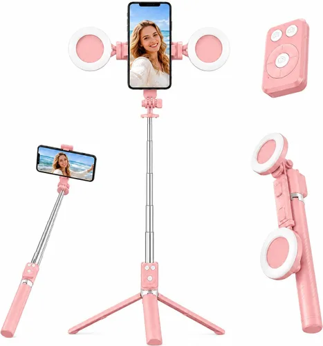 Vista 8 de Trípode negro para iPhone con luz, soporte de luz de anillo para iPhone, soporte ajustable para selfie stick con luz de relleno, trípode extensible