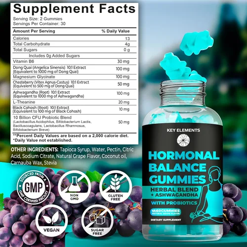 Vista 6 de Gomitas PMS Suplementos de equilibrio hormonal para mujeres, probióticos para el síndrome premenstrual, alivio de calambres menstruales, sofocos