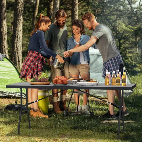Vista 2 de GYMAX Mesa plegable de 6 pies, mesa de campamento portátil ligera con asa de transporte, fácil de plegar rectangular para interiores y exteriores