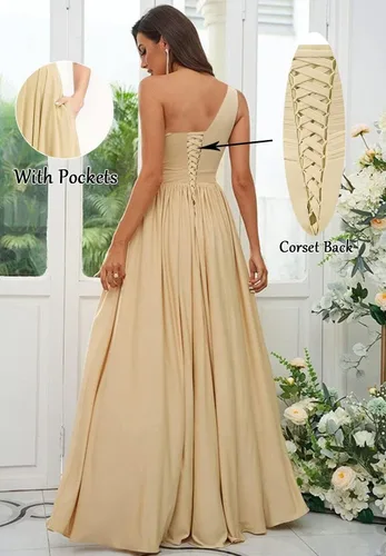 Vista 2 de VCCICANY Vestido de dama de honor de un hombro para mujer con abertura largo plisado de gasa vestido de baile