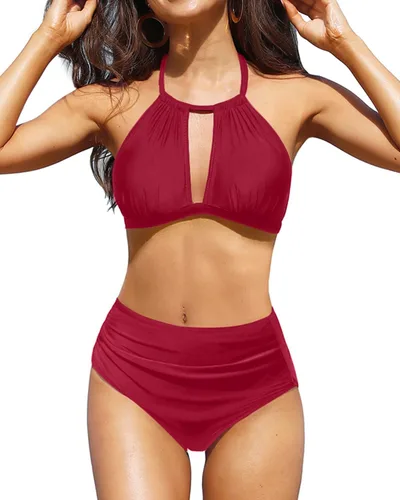 Vista 6 de Tempt Me Women Two Piece High Waisted Bikini Swimsuit Ruched Tummy Control Bottoms Keyhole Bathing Suits